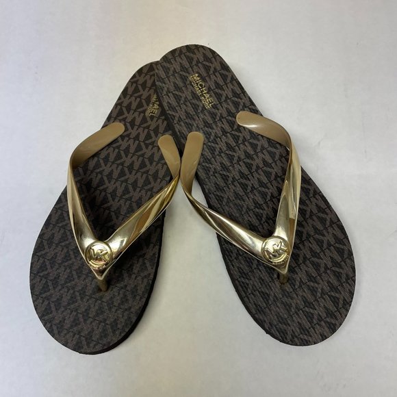 Michael Kors Shoes - Michael Kors  Mini Jet Set Flip-Flops / Size 9M / Brown with Metallic Gold Strap